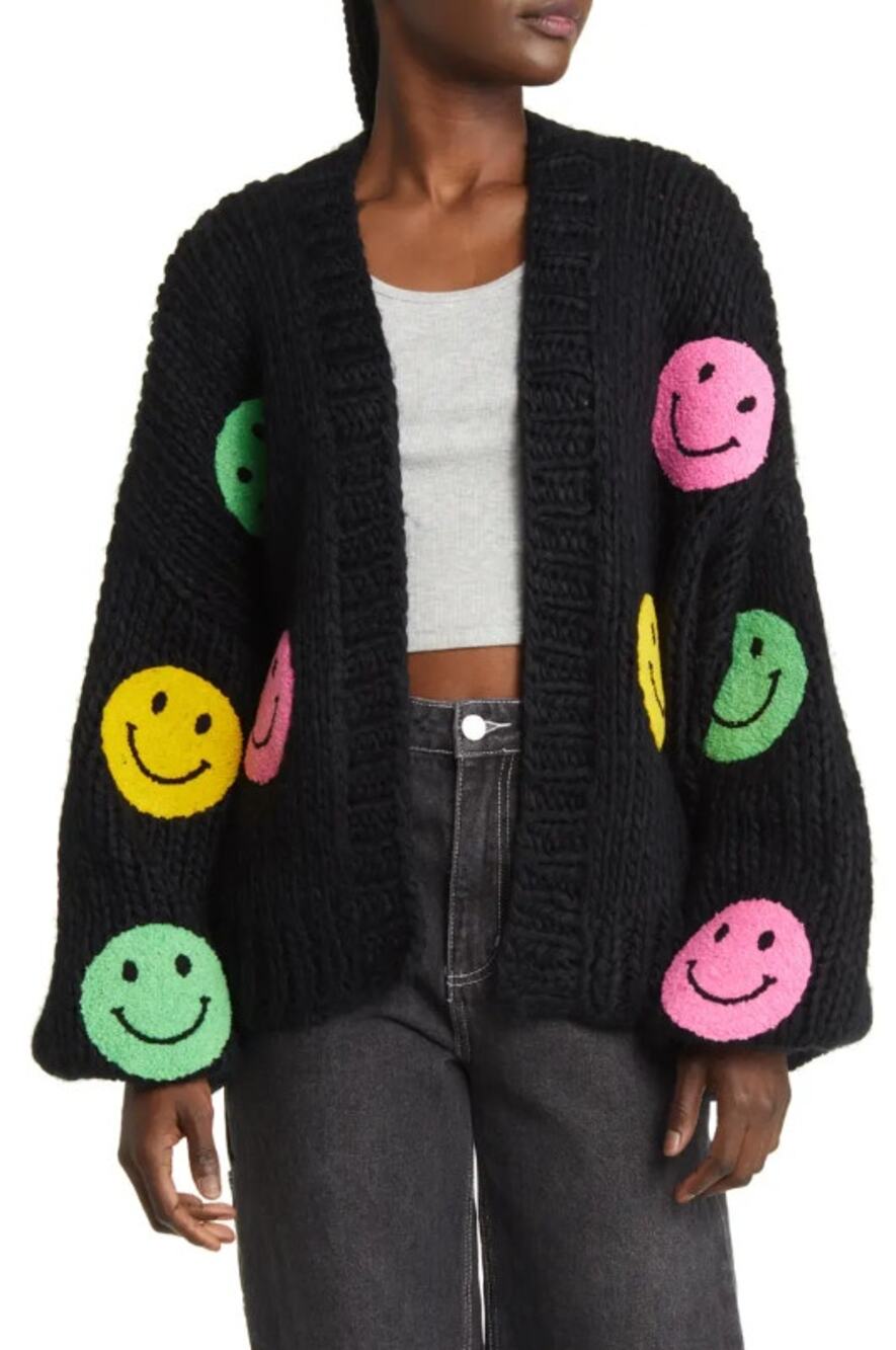 Dressed in Lala Visionary Open Front Cardigan Black Smiley Oversized Women's S/M